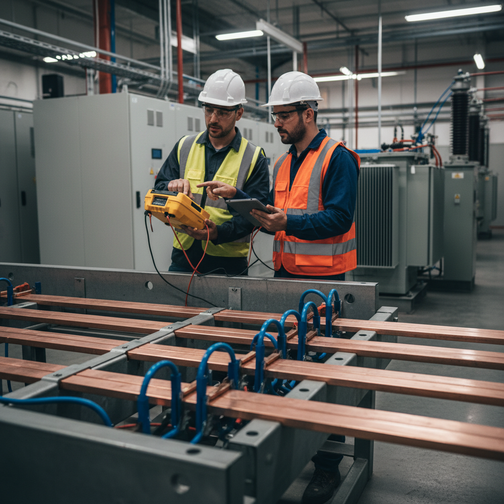 Engineers monitoring power quality using Rogowski coils attached to busbars in an industrial setting