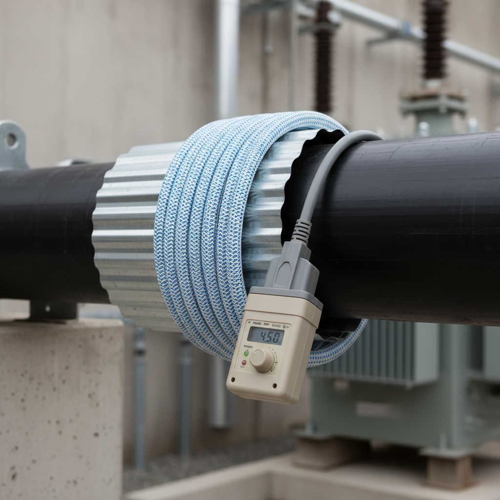 A flexible Rogowski coil wrapped around a thick power cable with an integrator box connected