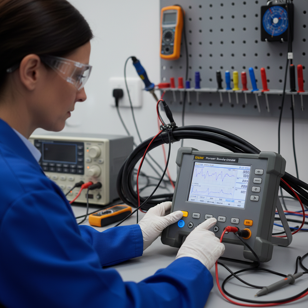 A close-up of an electrical engineer working with a Rogowski coil and a power analyzer