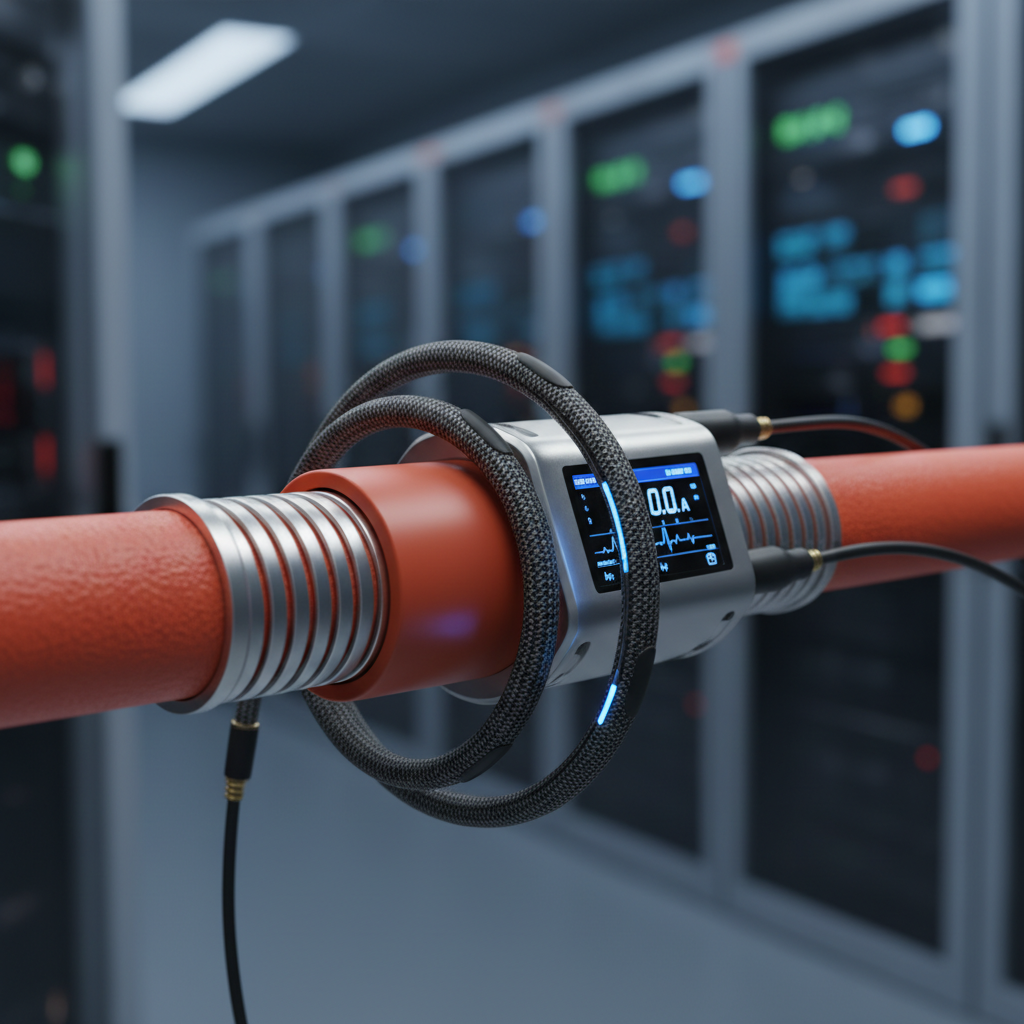 A sleek, modern Rogowski coil with a flexible design wrapped around a thick electrical cable, demonstrating non-intrusive measurement
