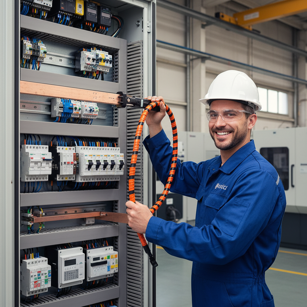 An engineer installing a flexible Rogowski coil around a busbar in an electrical switchgear panel, showcasing ease of use in an industrial setting