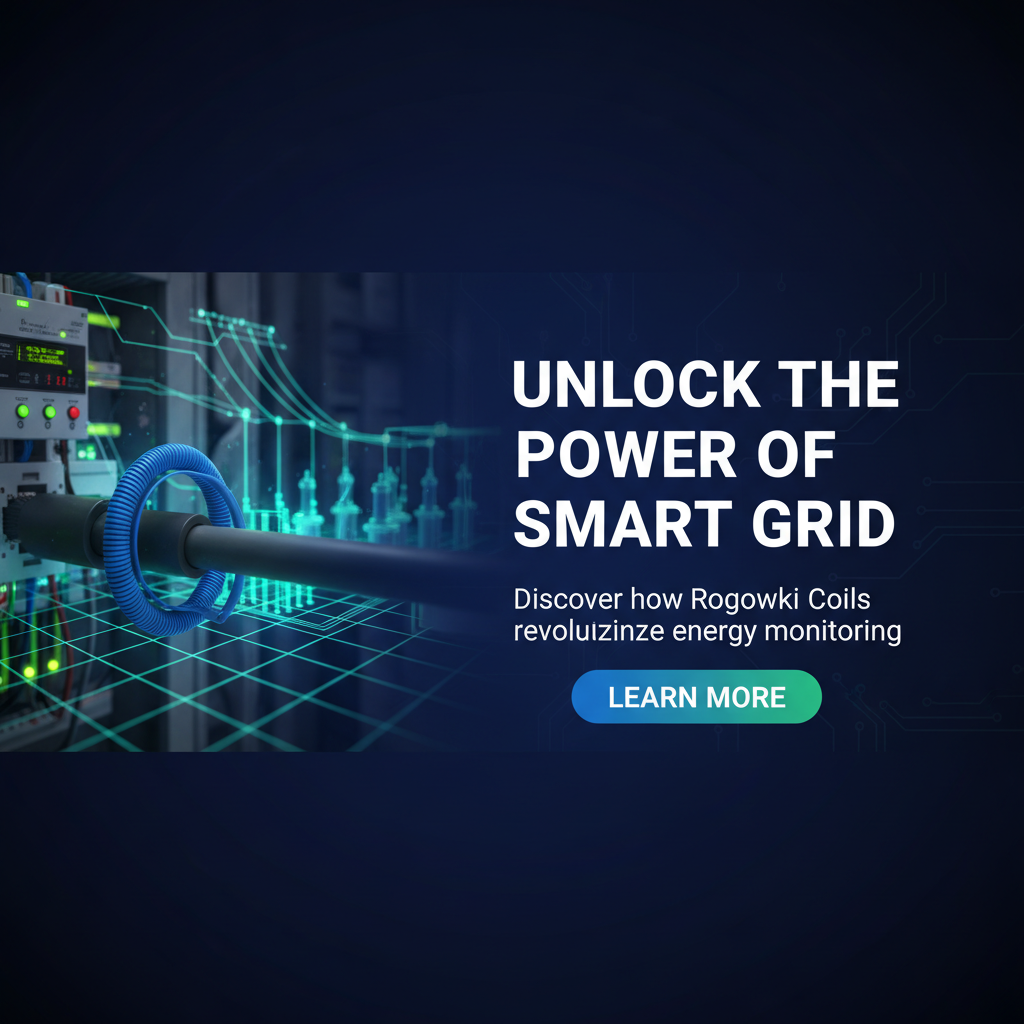 A call-to-action banner showing a Rogowski coil being used in a smart grid application, with text encouraging readers to learn more