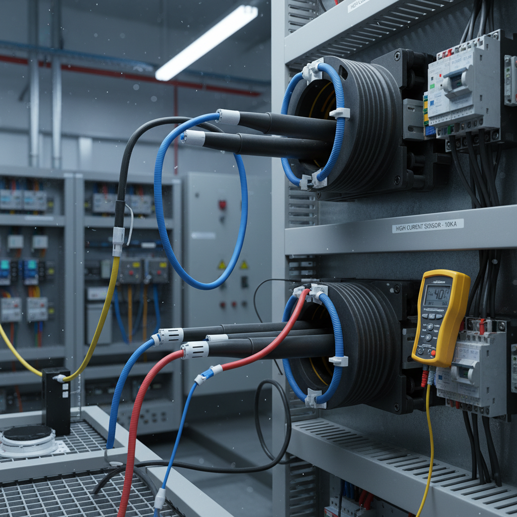 An array of various Rogowski coil types, including flexible and rigid versions, measuring different currents in an industrial setting