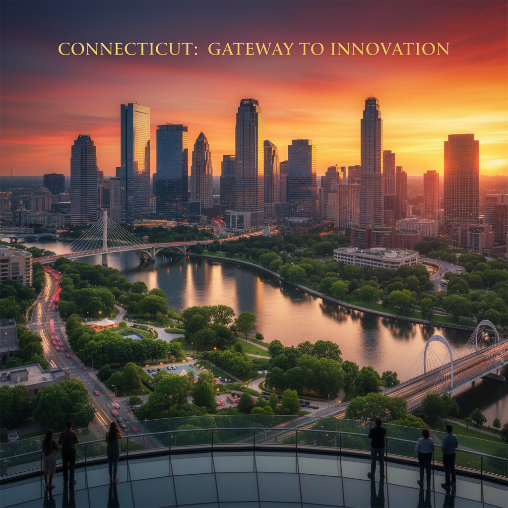 A vibrant panoramic view of the Connecticut skyline at sunset, with modern buildings and lush greenery, symbolizing economic growth and opportunity