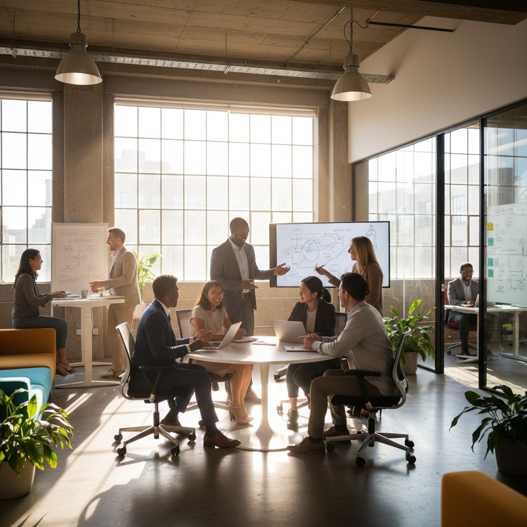 A group of diverse professionals collaborating in a modern, sunlit office space, showcasing a dynamic job market