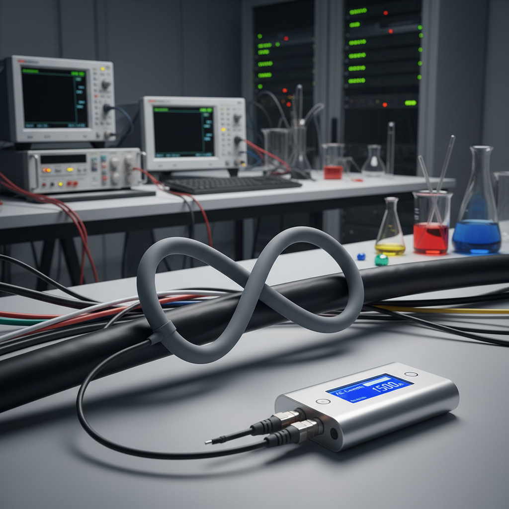 A modern, flexible Rogowski coil wrapped around a thick cable in a lab setting