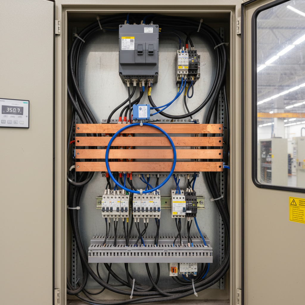 A Rogowski coil installed in an industrial control panel, measuring current on a large busbar
