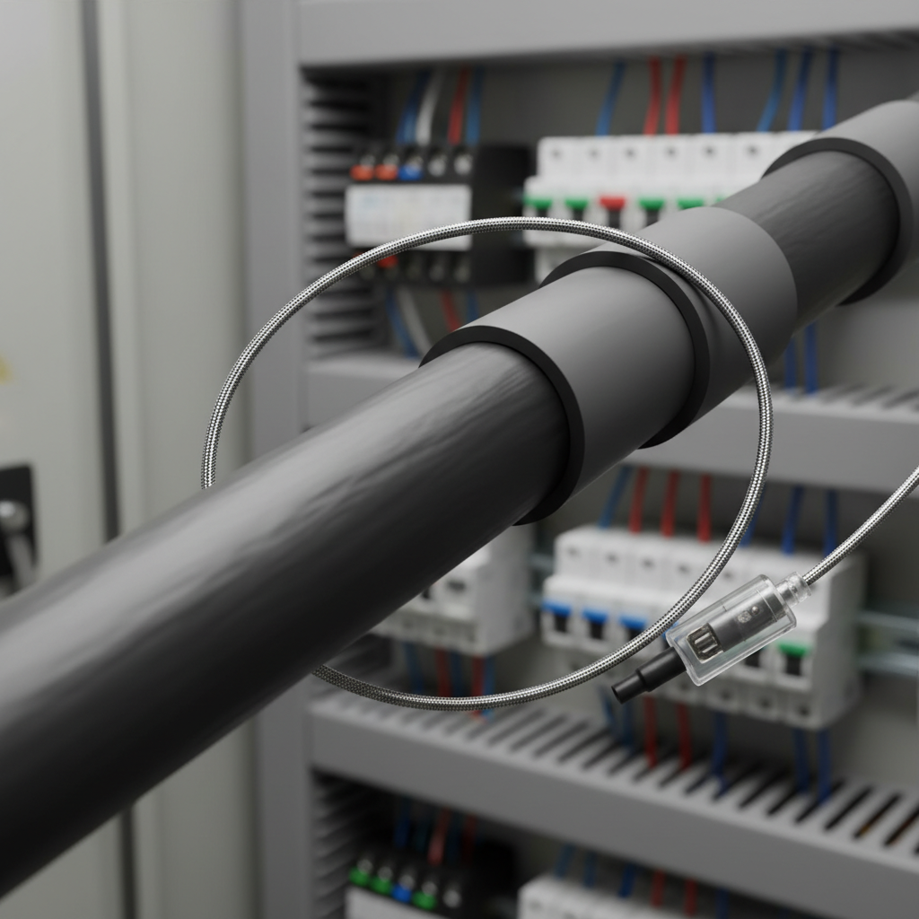 A sleek, flexible Rogowski coil wrapped around a thick electrical cable, demonstrating its non-intrusive nature.