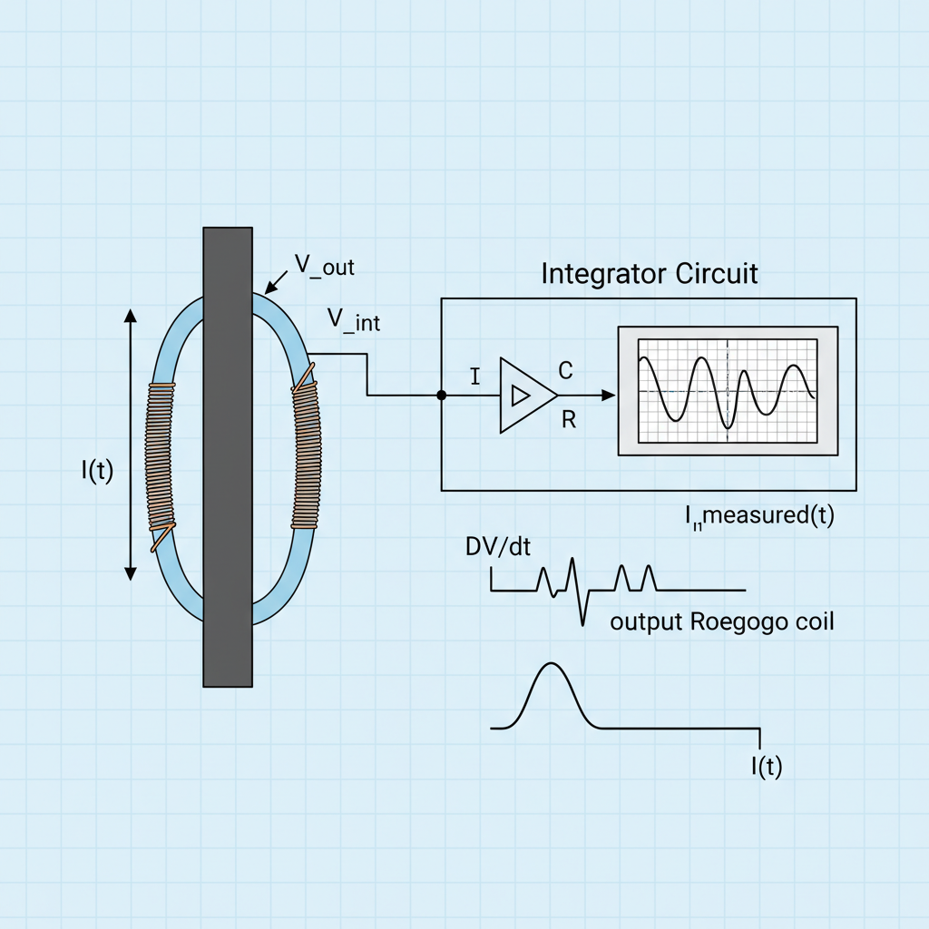A clear diagram illustrating a Rogowski coil wrapped around a conductor, connected to an integrator circuit which outputs the current waveform.