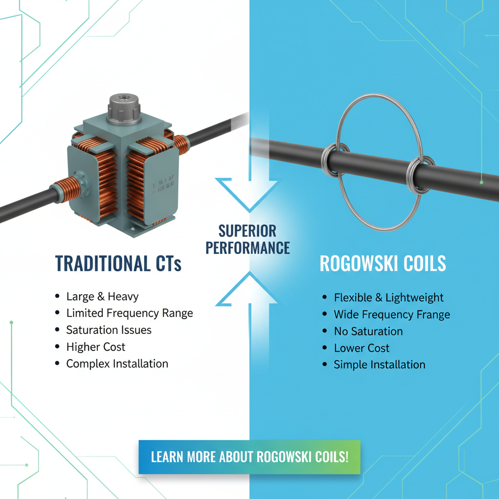 A vibrant infographic showcasing the benefits of Rogowski coils over traditional CTs, encouraging readers to learn more.